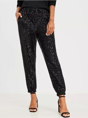 LOFT Black Sequin Jogger Pants Elastic Waist Sz L